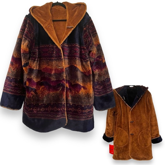 Black Mountain Jackets & Blazers - Reversible Black Mountain Western Horse Print Furry Hooded Jacket Size 1X NWT